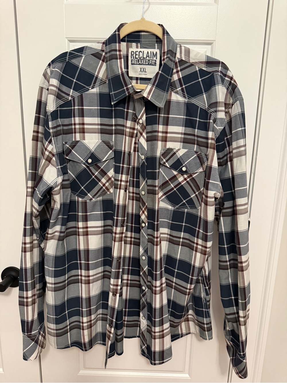 Reclaimed Vintage Plaid Button-Down Shirt - Navy, White & Brown